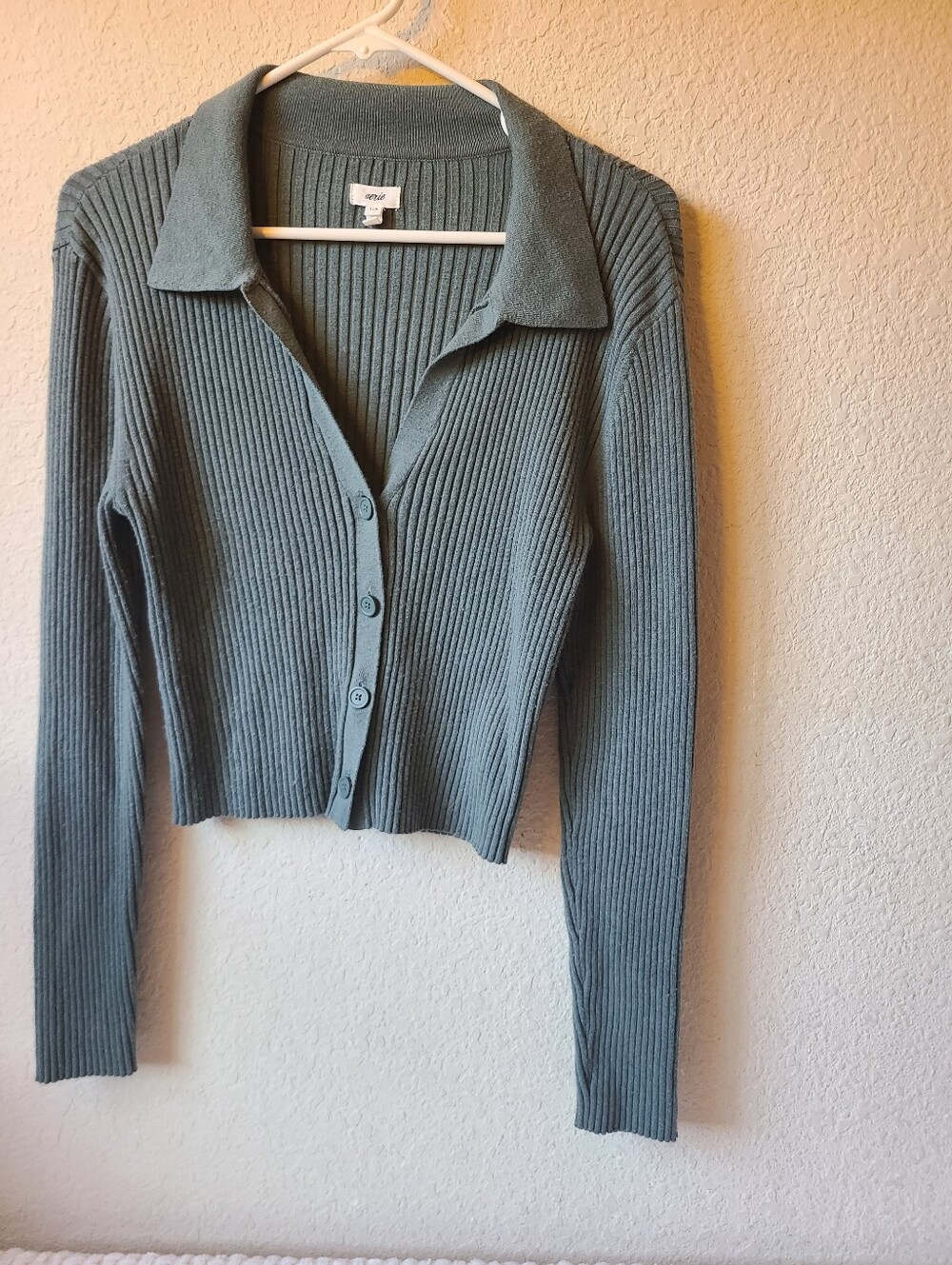Aerie Ribbed Collared Button-Up Top Sage Green Size L